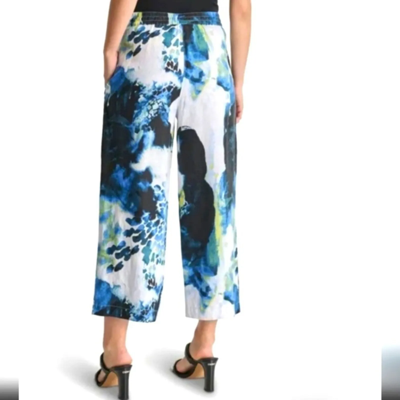 🆕 DKNY Linen Pants Plus 1X Blue Black Print Cropped Wide Leg Pants NEW NWT - Image 10