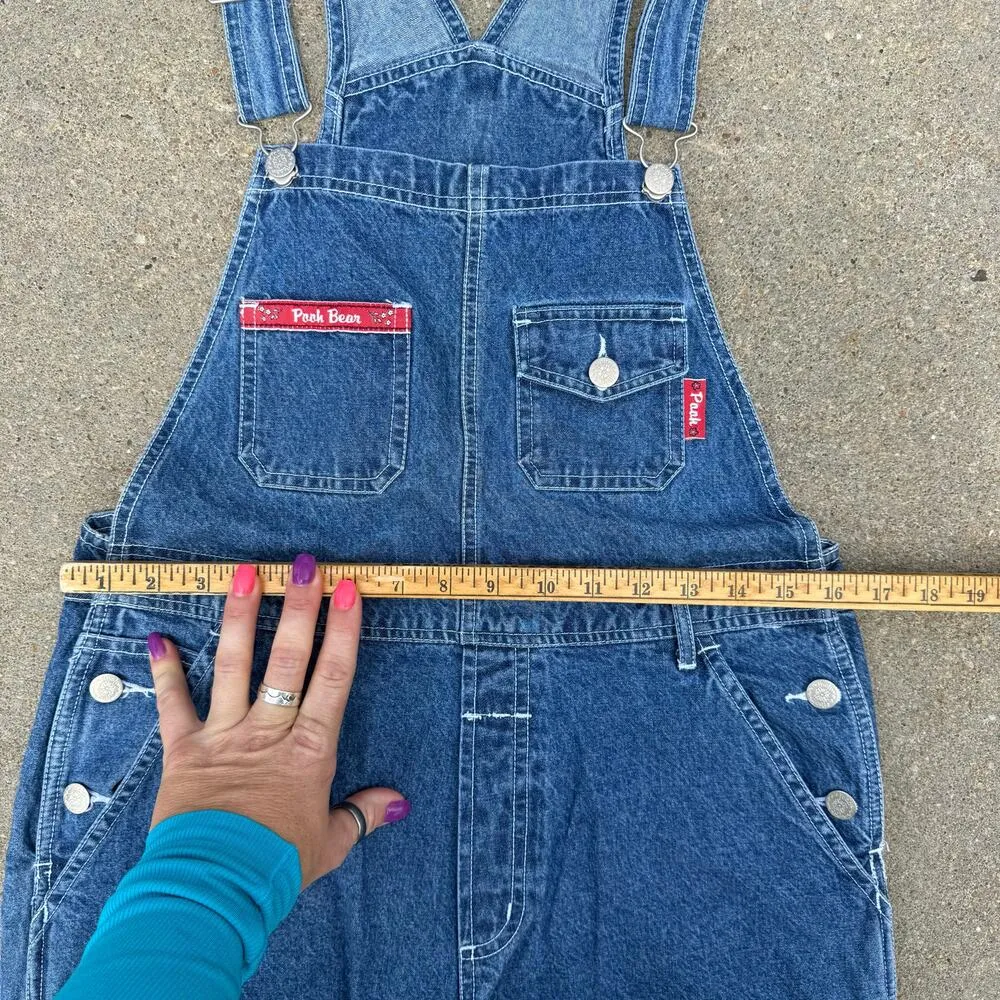 Vintage 90s Y2K Pooh Logo Image Denim Jean Shortalls Overalls Multi Pocket SMALL - Image 5