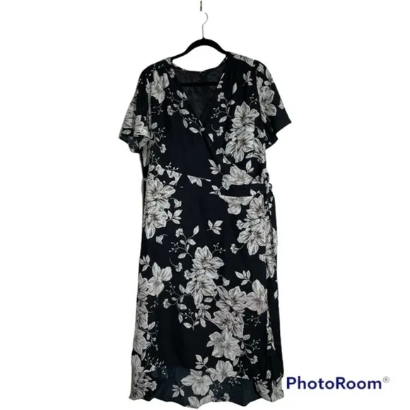 Jessica London Black Gray Floral Print Wrap Dress Two Piece Set Size 16W - Image 21