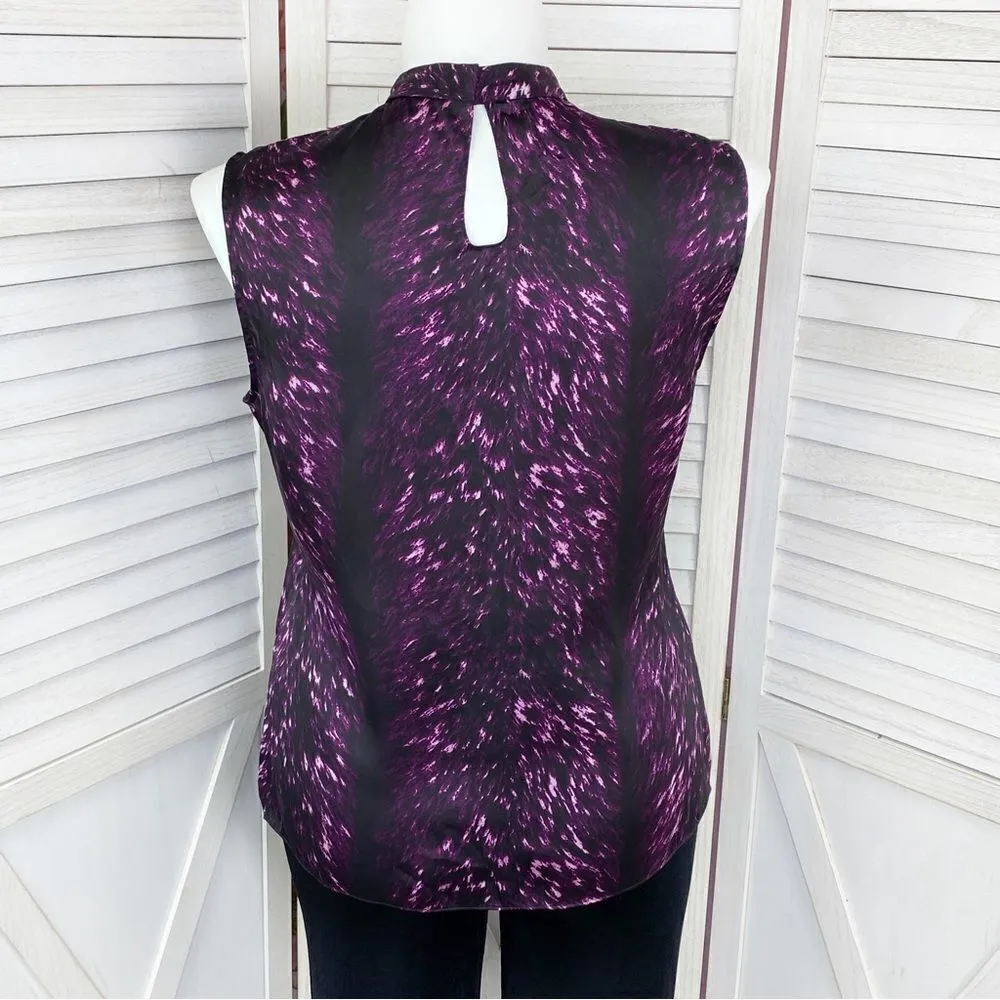 Vince Camuto Satin Printed Pleated  Mock Neck Sleeveless Blouse Purple 12‎ - Image 6