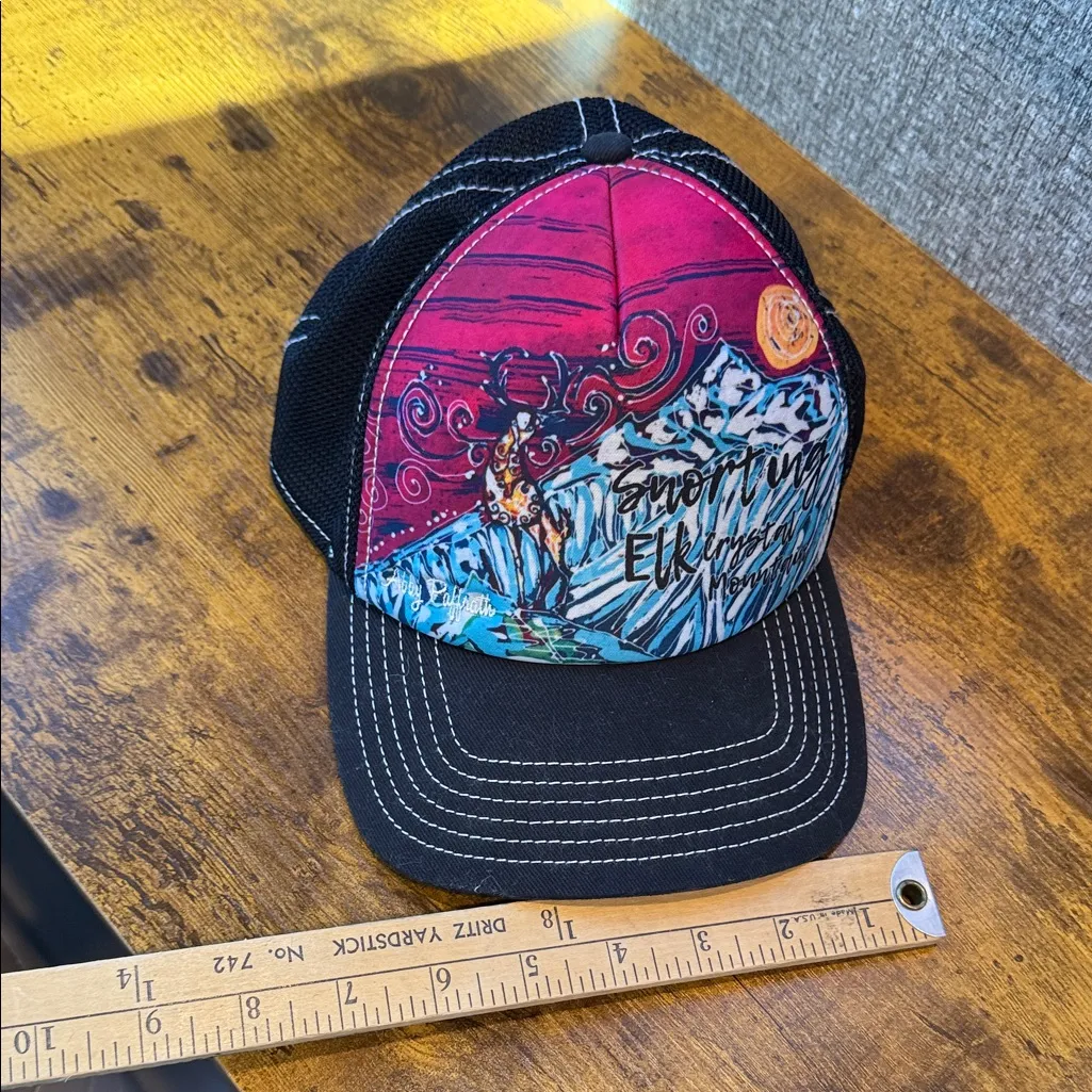 Black Mesh Trucker Hat with Mountain Patch snorting elk crystal mountain WA Pink - Image 6