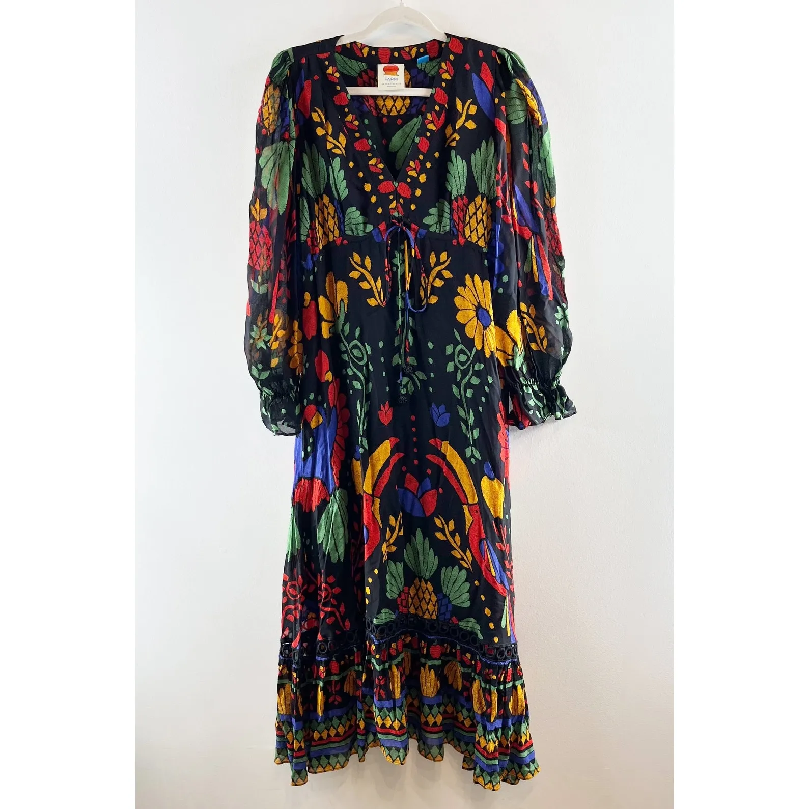 Farm Rio Georgette Tropical Puff Sleeve V-Neck Ruffle Maxi Dress Black Medium - Image 4