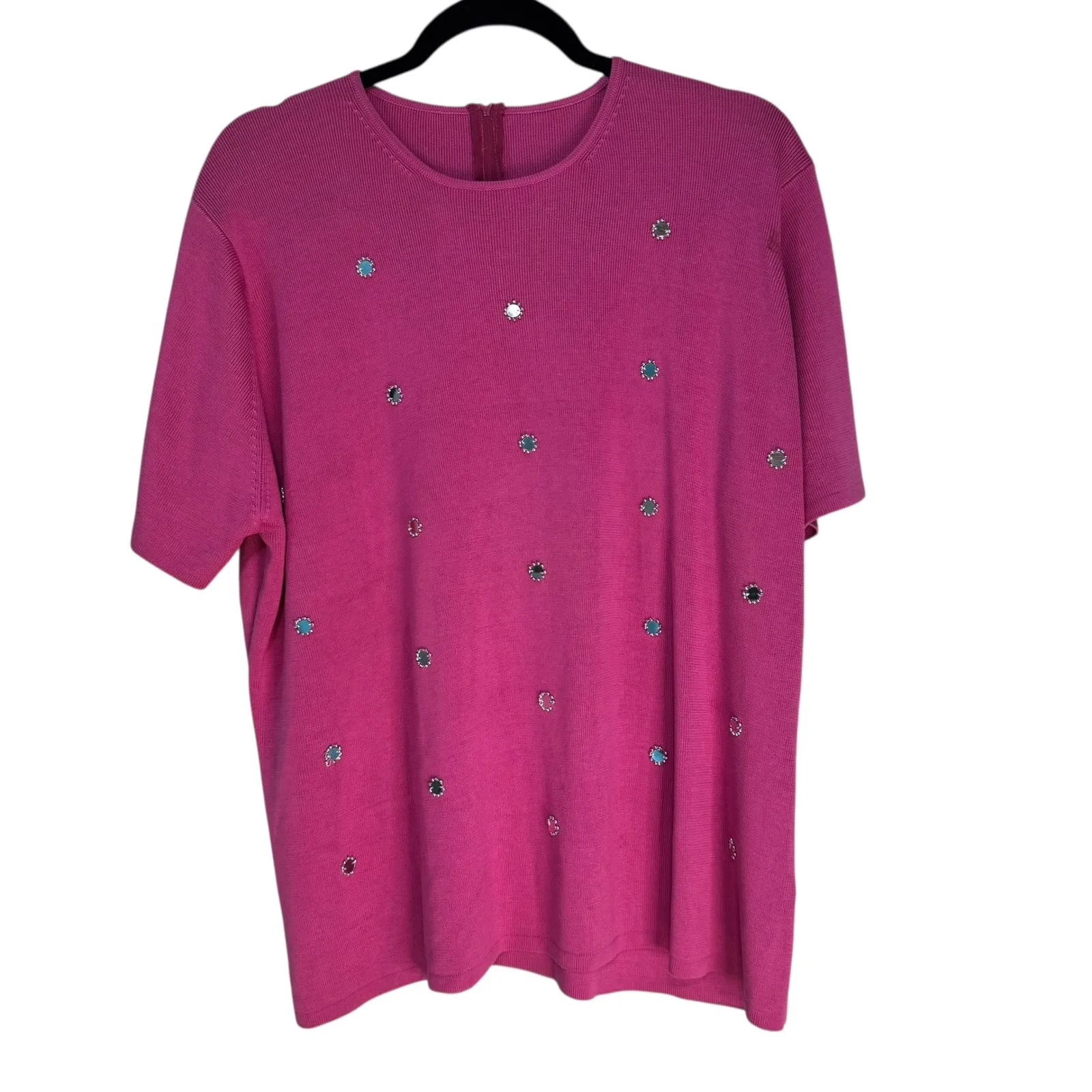Hot Pink Rhinestone Embellished Knit Top Short Sleeve Zipper Back Women's Plus Size XXL - Image 6