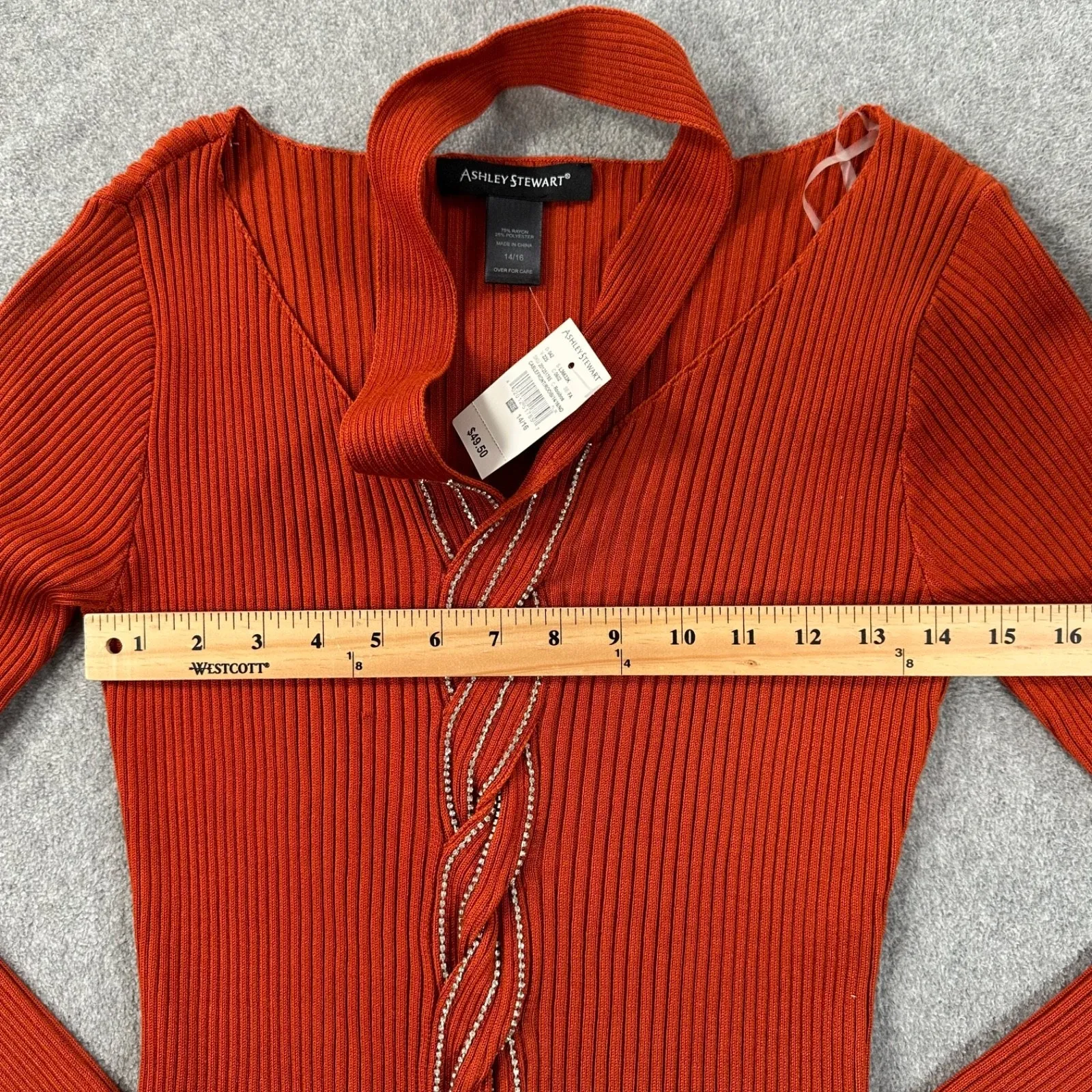 Ashley Stewart Orange Ribbed Knit Halter Sweater Womens 14/16 Braided Rhinestone - Image 7