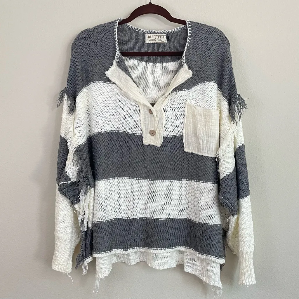 Bad Little Country Girl Stripped Henley Slouchy Knit Pullover Sweater Size Large White - Image 3