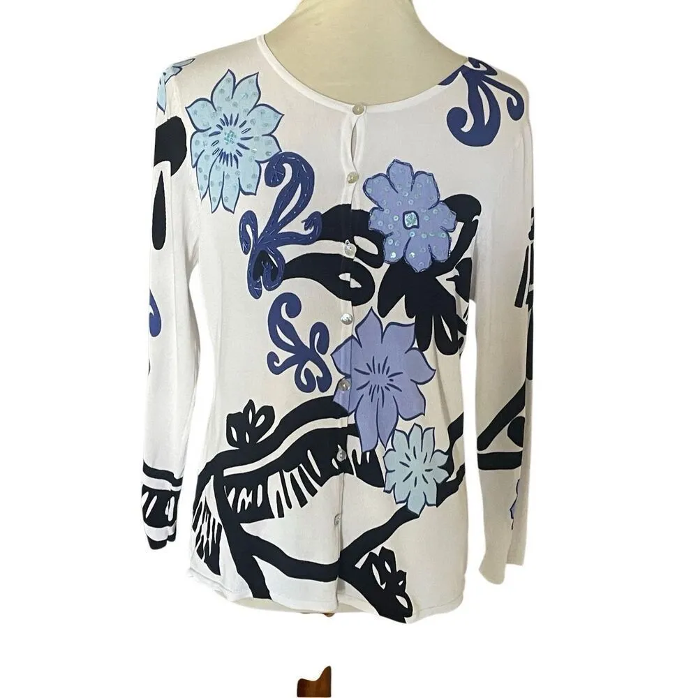 VENUE Abstract Floral Sequin Embellished Cardigan Size Large White - Image 8