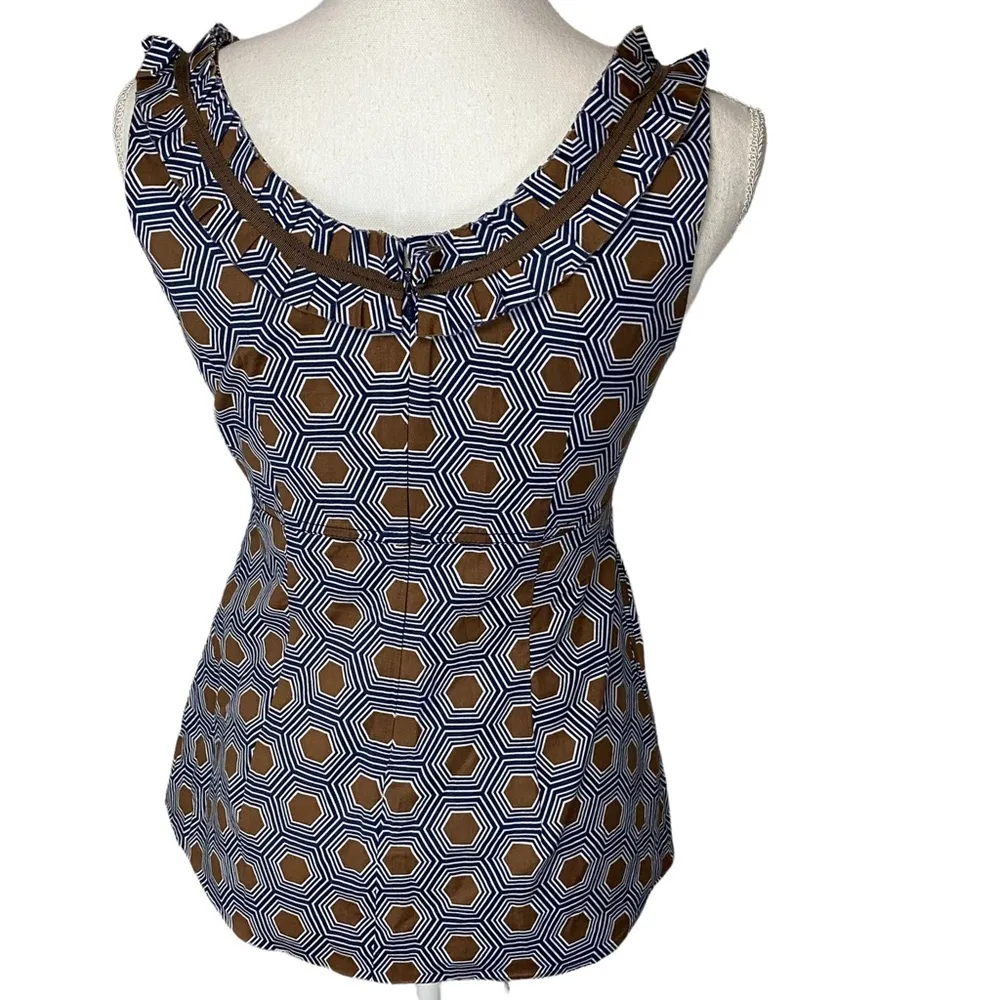 Tory Burch Navy Brown Geometric Print Pleated Tank Blouse 4 - Image 8