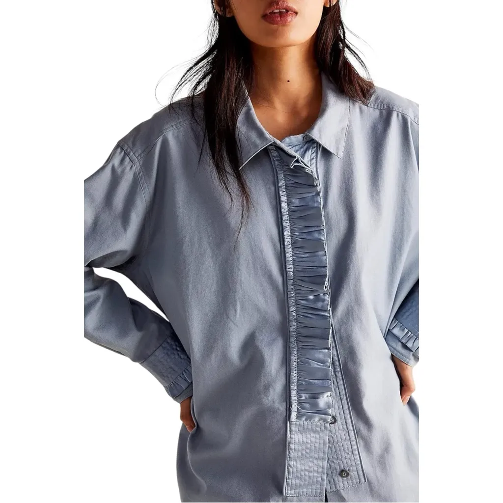 Free People Night Moves Shirt Ruffles Autumn Blue Distressed Oversized XS‎ $148 - Image 3