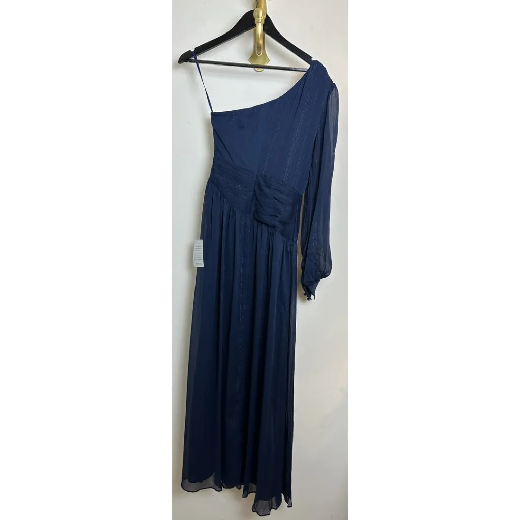 BADGLEY MISCHKA Alice Long Sleeve One Shoulder Gown in Navy Size US 2 - Image 7