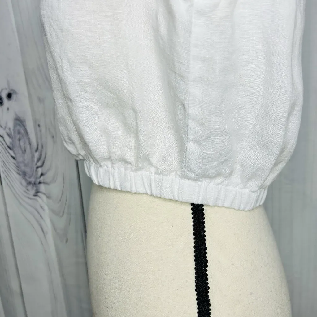 OLIVACEOUS Sz M White Sleeveless Top Linen Blend Keyhole Neck Elastic Waist - Image 5