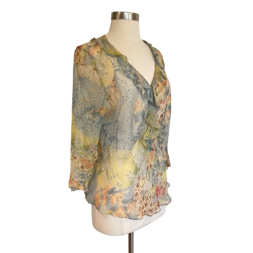 Y2K Silk Floral Ruffle Blouse Fairycore Sheer Top Size XL - Image 6