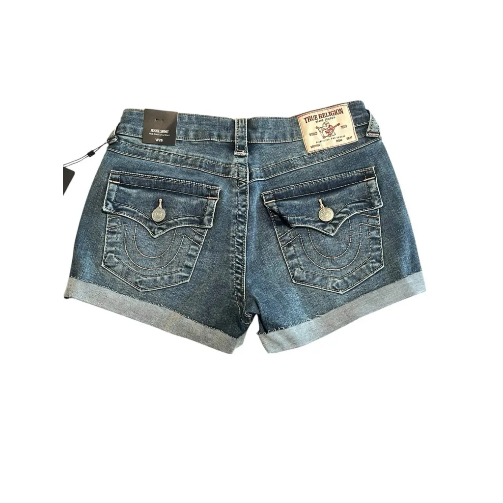 True Religion Jennie Shorts Women's 26 Blue Curvy Mid-Rise Rolled Cuff Flap NWT - Image 10