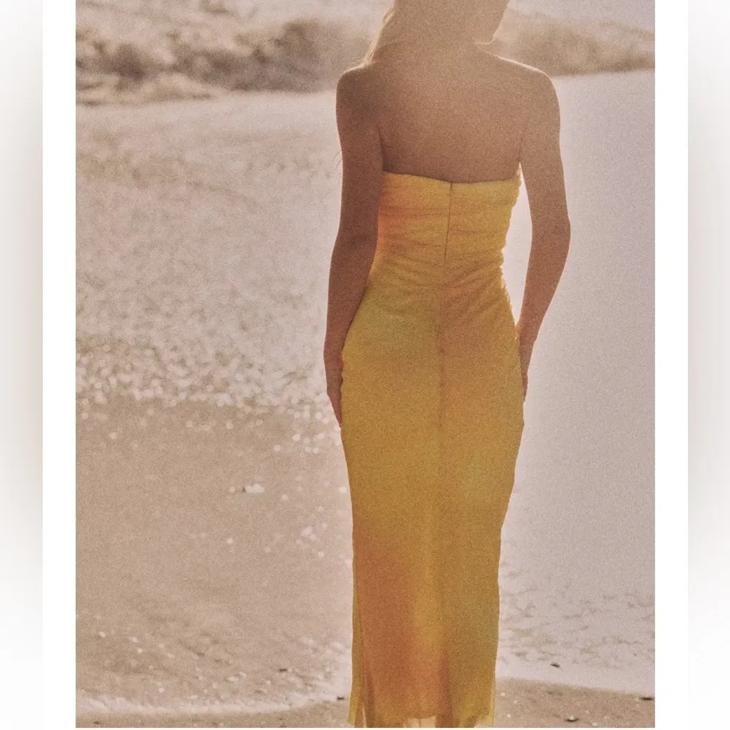 Zara NWT yellow orange tie dye printed tulle midi draped ruched sweetheart dress - Image 5