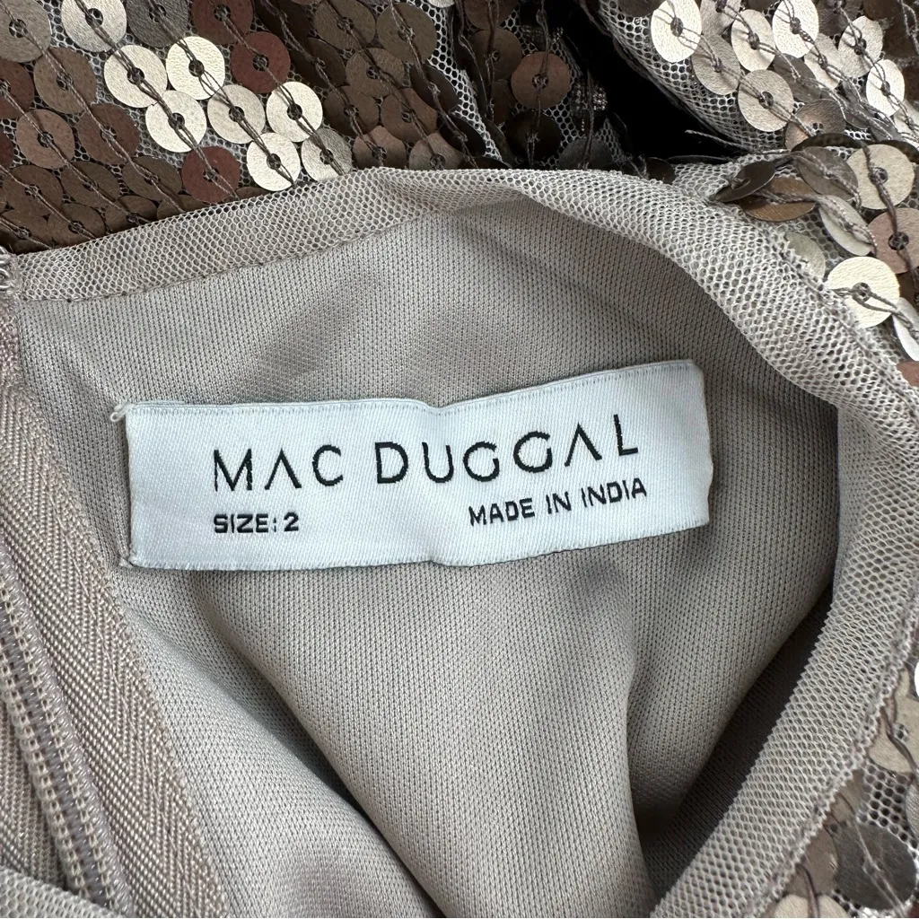 Mac Duggal Sash Belt Long Sleeves Mini Dress 10789 size 2 Taupe Sequins Cocktail - Image 13