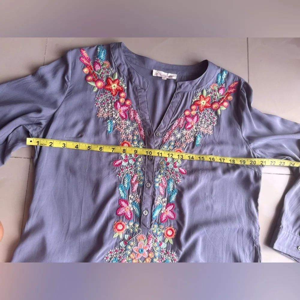 Solitaire Dove Tea Time Garden Tunic top dress gray embroidery colorful size L - Image 9