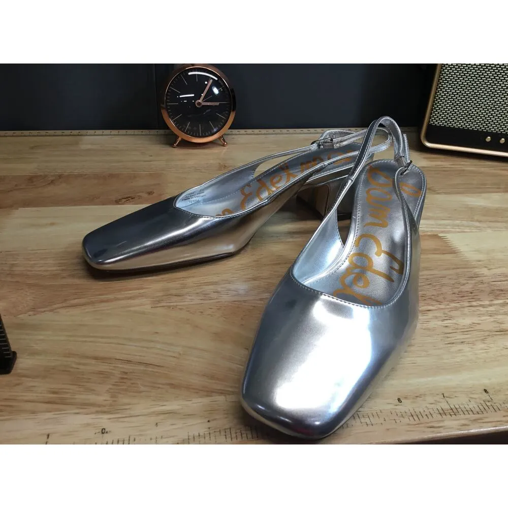 Sam Edelman Terra Women's 8 Silver Leather Sling Back Square Toe Pump Heels - Image 2