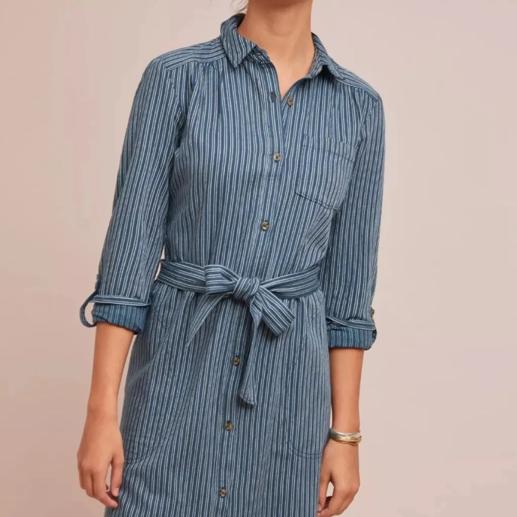 Anthropologie Linen Blend Bellamy Denim Chambray Blue Striped Shirt Dress 6 - Image 3