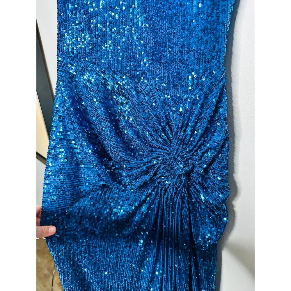 JOVANI Blue Sequin V-Neck Spaghetti Strap Front Slit High Gown Dress size 8 - Image 12