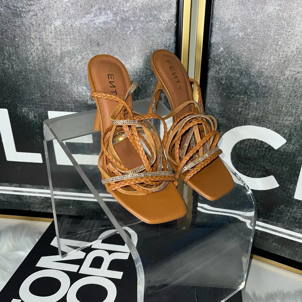 Amina Muaddi x Fenty Braid Me Up Sandals In Brown - Image 4