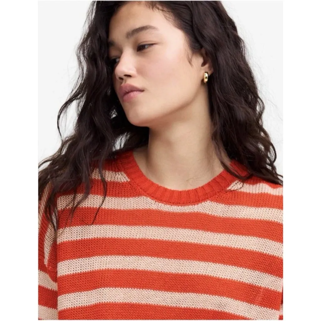 Madewell $110 Linen Drop-Shoulder Sweater Bright Flame Stripe Orange/Cream Sz S - Image 5