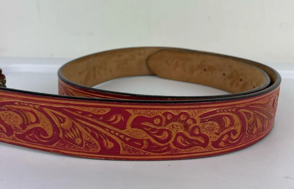 Western Embellished Star Bling Tooled Bonded Leather Belt Sz Large Red - Image 5