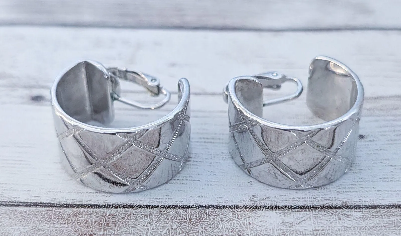 Vintage Clip On Earrings Extra Large Chunky Statement Silver Tone Hoops - Image 3