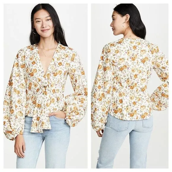 Petersyn Floral Blouse Balloon Long Sleeve V Neck Prairie Cottage Size S - Image 2
