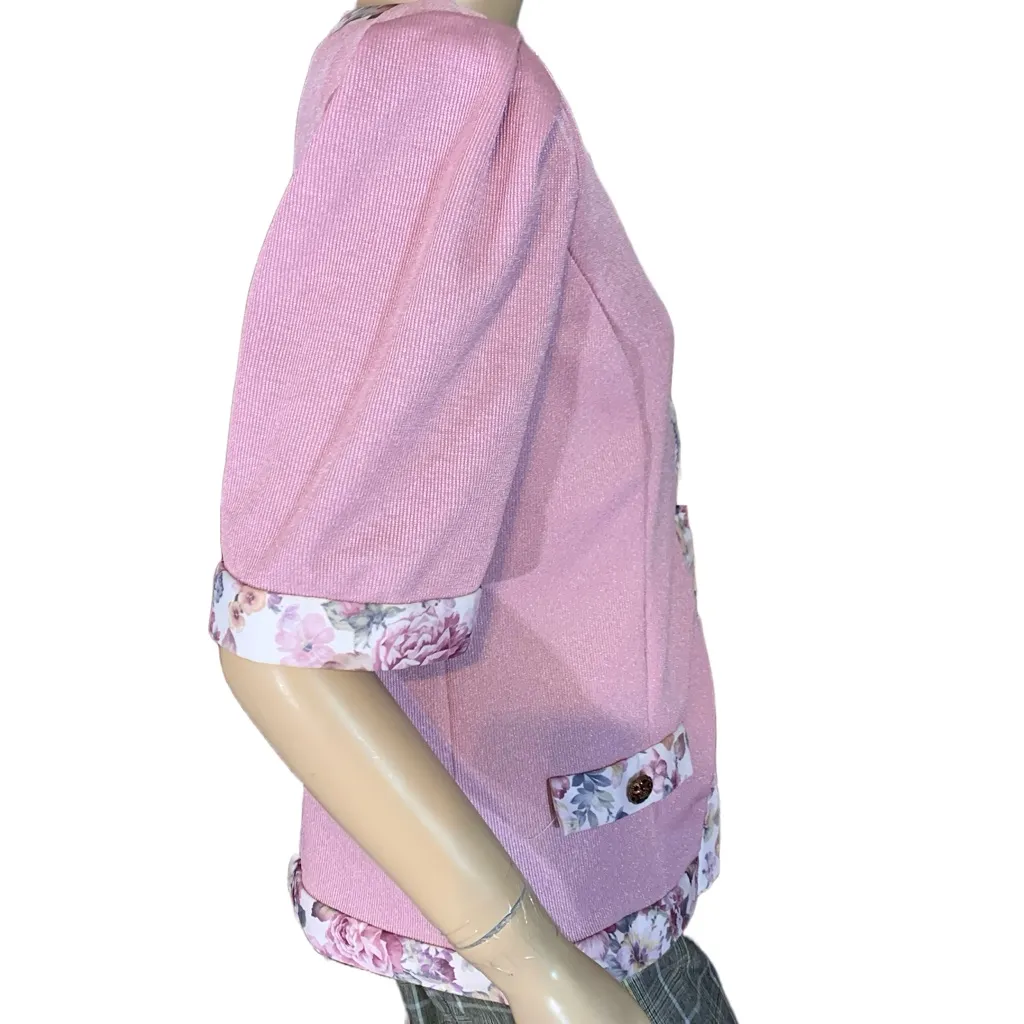 VINTAGE 1980'S LENI LENI MAUVE PINK W/FLORAL ACCENTS KNIT BUTTON DOWN TOP (14) - Image 3