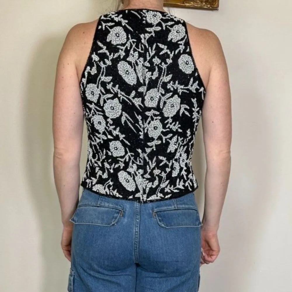 Vintage Andretta Donatello 100% Silk Beaded Black and White Top Size Medium - Image 2