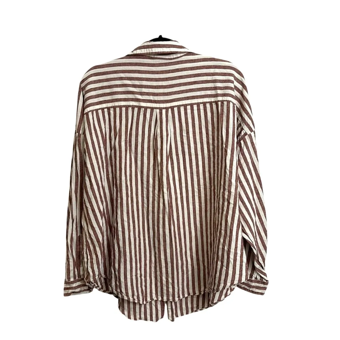 Torrid Shirt Womens 2X Brown White Vertical Stripe Button Down Linen Viscose - Image 2