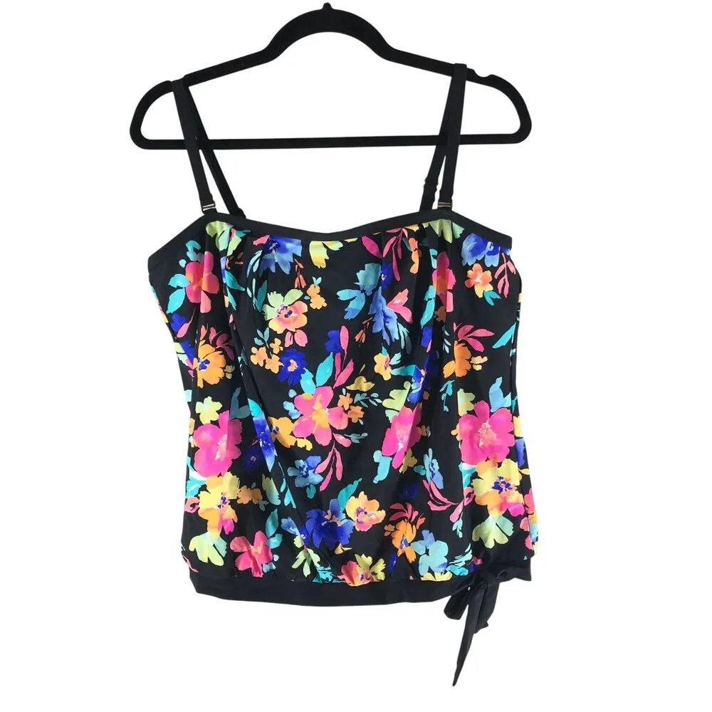Island Escape Coral Gables Bandeau Tankini Top Tie Shelf Bra Floral Black 6 - Image 3
