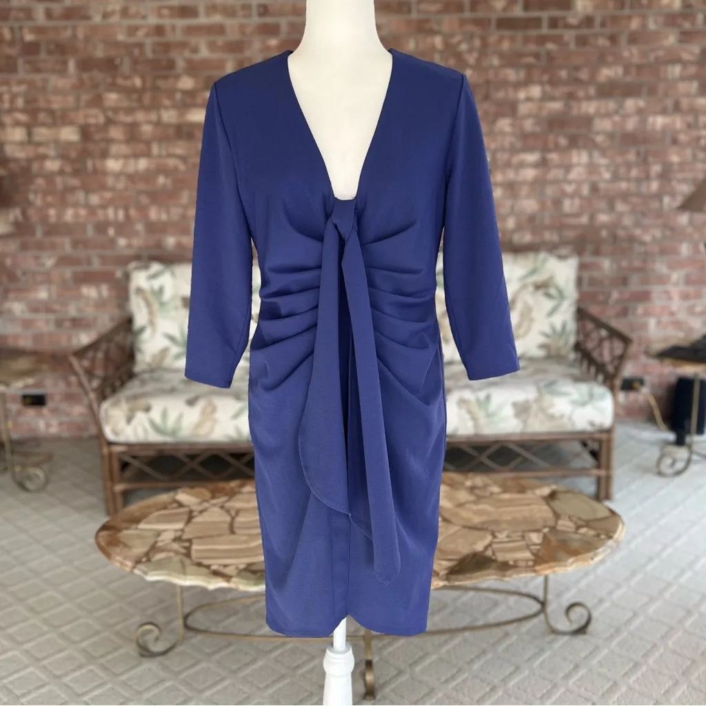 New York & Company Dress Ruched M Periwinkle Blue Purple Mini Knit V - Image 2