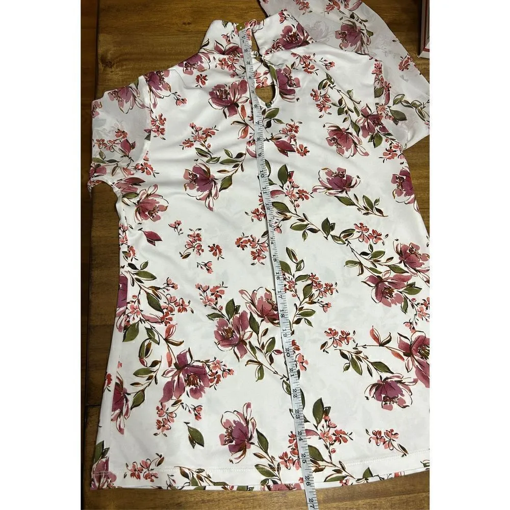 Women’s business casual floral, print top keyhole mock neck chiffon sleeves size - Image 6