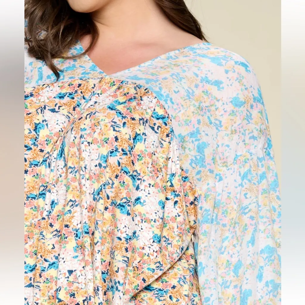 Oddi Floral Babydoll Blouse Two Tone V Neck Puff Sleeve Sheer Plus Size New 1X Blue - Image 3