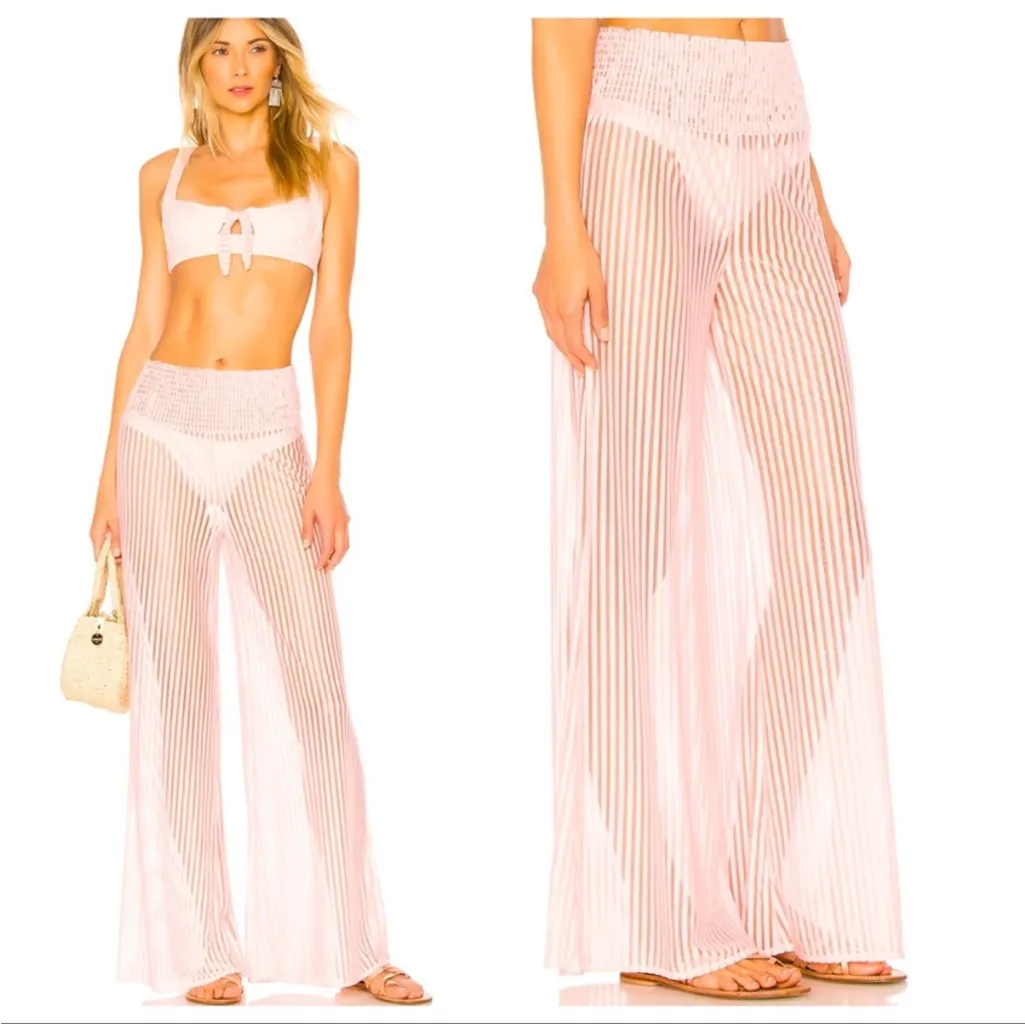 NEW TULAROSA LARA WIDE LEG SHEER SALMON PINK STRIPE SHIMMER PANTS SMOCK WAIST S - Image 2