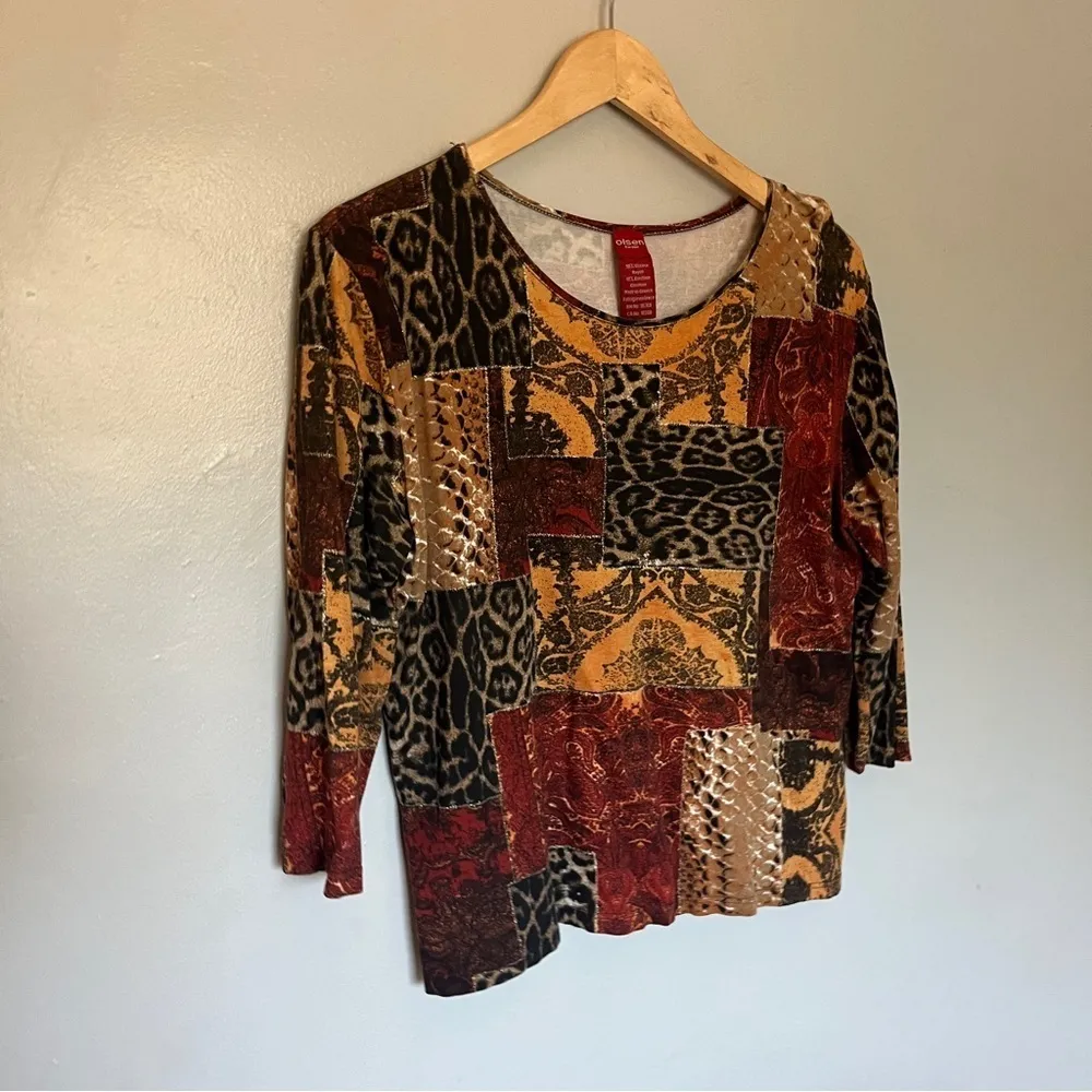 Olsen Europe Women’s Patchwork Pattern 3/4 Sleeve Shirt Top Red Large XL 14 Brown - Image 3