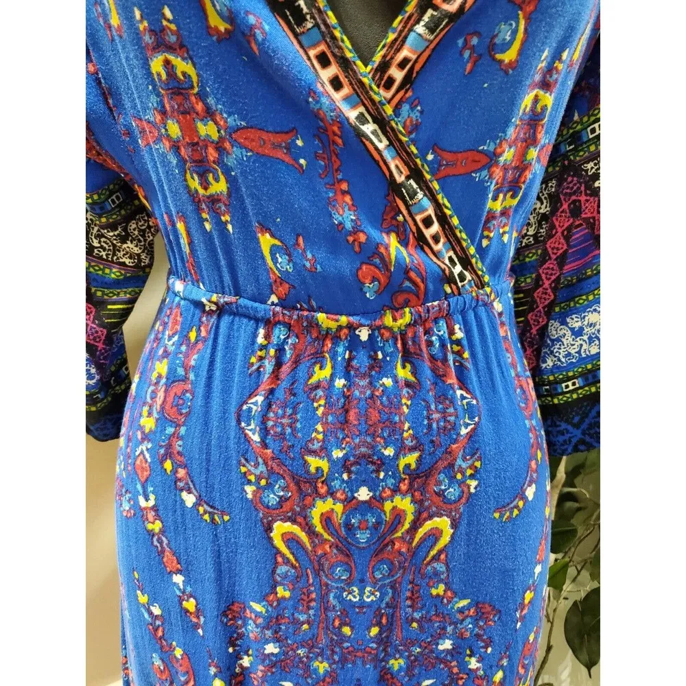 Flying Tomato Women's Blue Rayon V-Neck 3/4 Sleeve Long Maxi Dress Size Small - Image 3