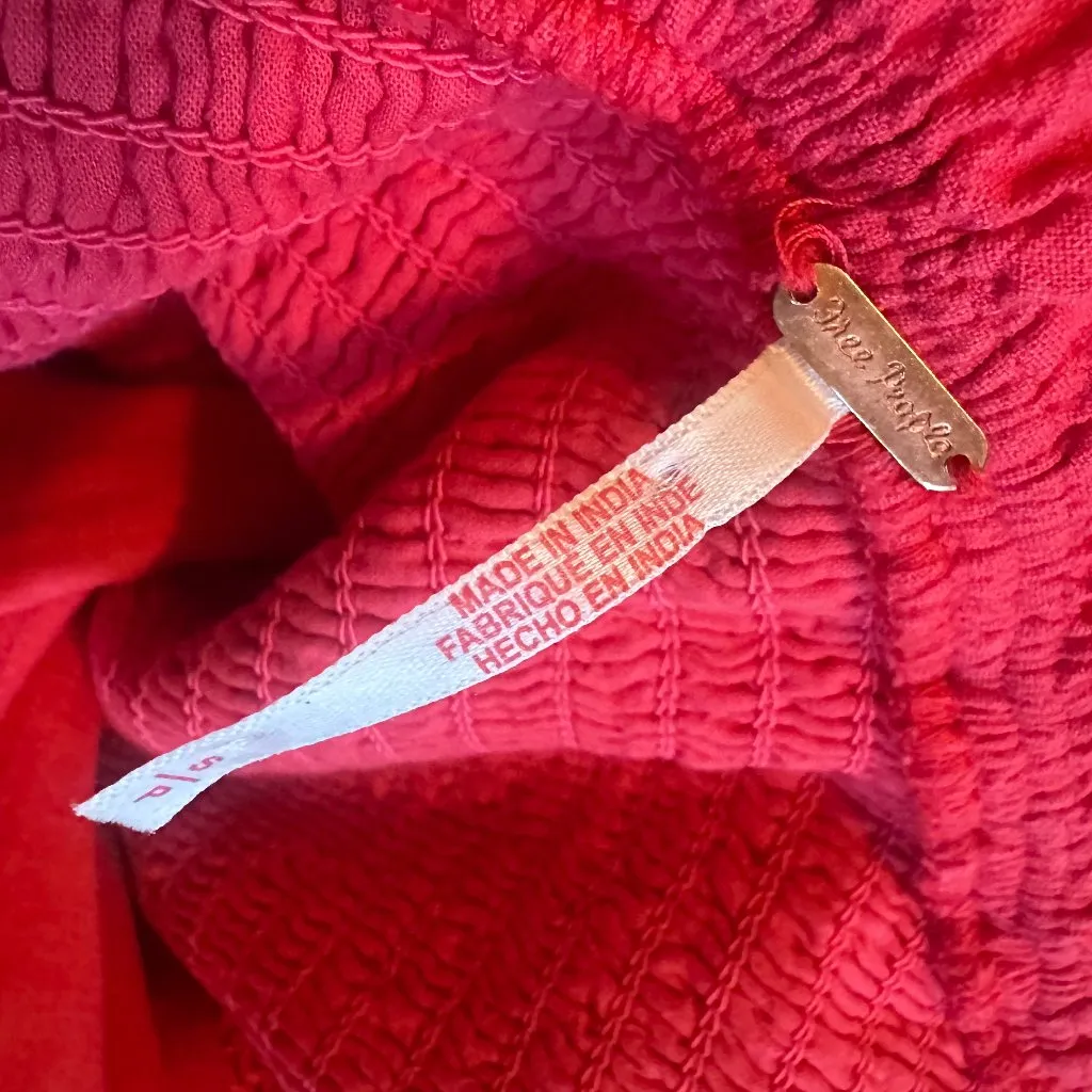 Free People 100% Cotton Red Midi Dress Ruffle Smocked Tie Back Size Small - Image 11