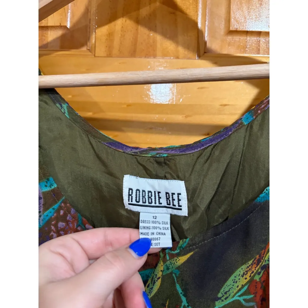 Robbie Bee Silk Sleeveless Dress Boho Art Print Leaf Pattern Multicolor 12 - Image 2