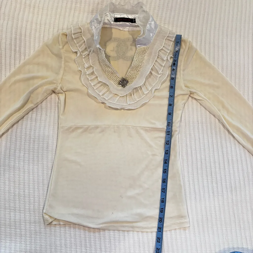 Euro Qian Wan Zi CC Angel Cream Micro Mesh Pearl Gems & Ruffle Long Sleeve L Size L - Image 13