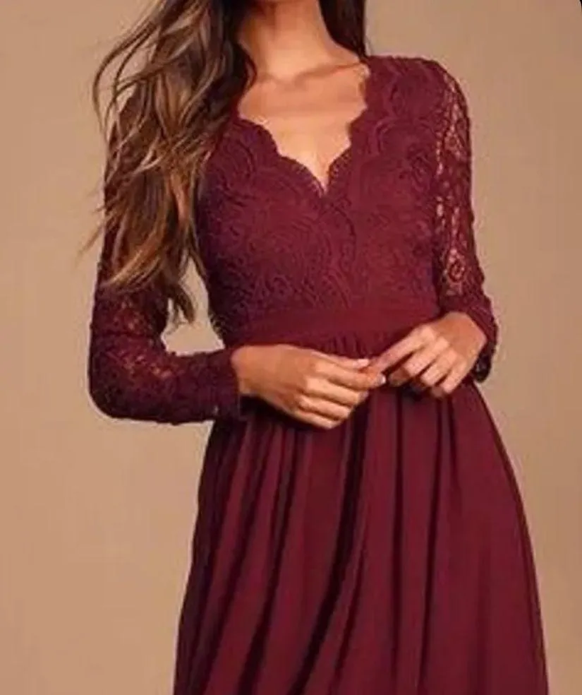 Awaken My Love Burgundy Long Sleeve Lace Maxi Dress small bridesmaids maternity - Image 2