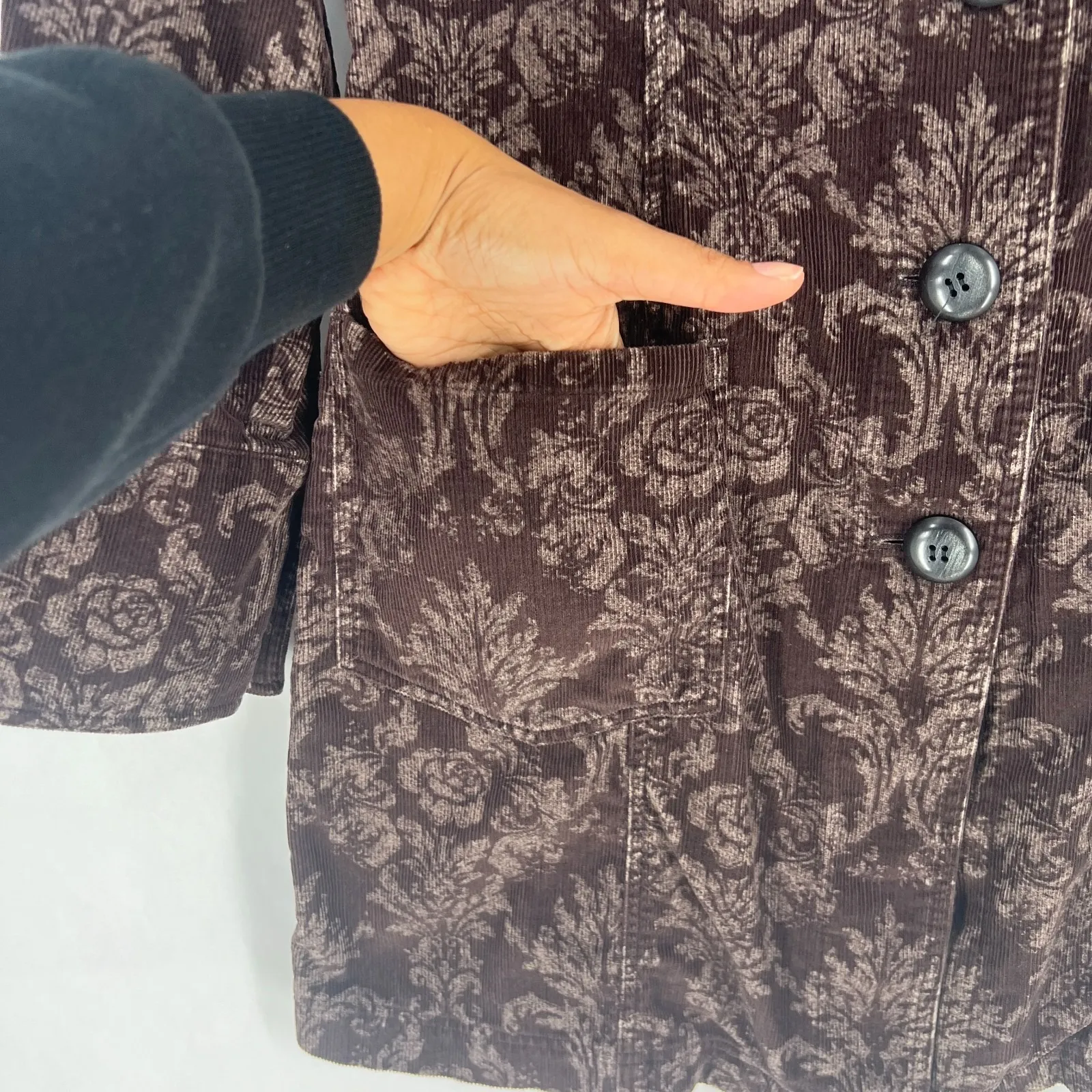 J.Jill Tumbled Coat Womens XS Brown Cotton Floral Damask Print Double Vented - Image 6