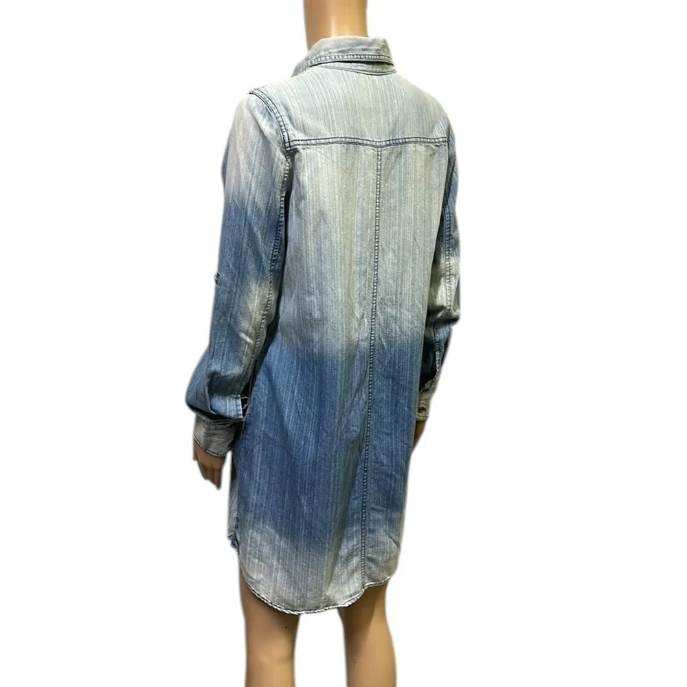 B envied Cotton Denim Button Tab Long Sleeve Tunic Pocket Shirt Mini Dress M - Image 2