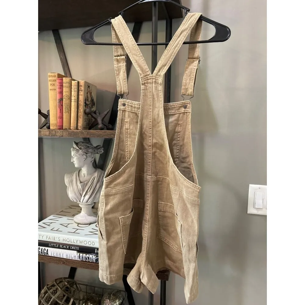 Aerie Werk and Play Denim Short Overalls TAN KHAKI Womens Size XS - Image 6