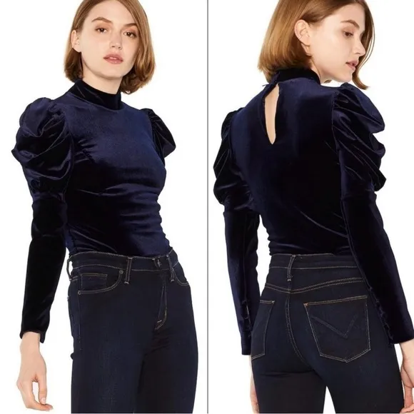 Misa Los Angles Dita Velvet Top Puffed Longsleeve Mock Neck Whimsigoth in Navy M - Image 2