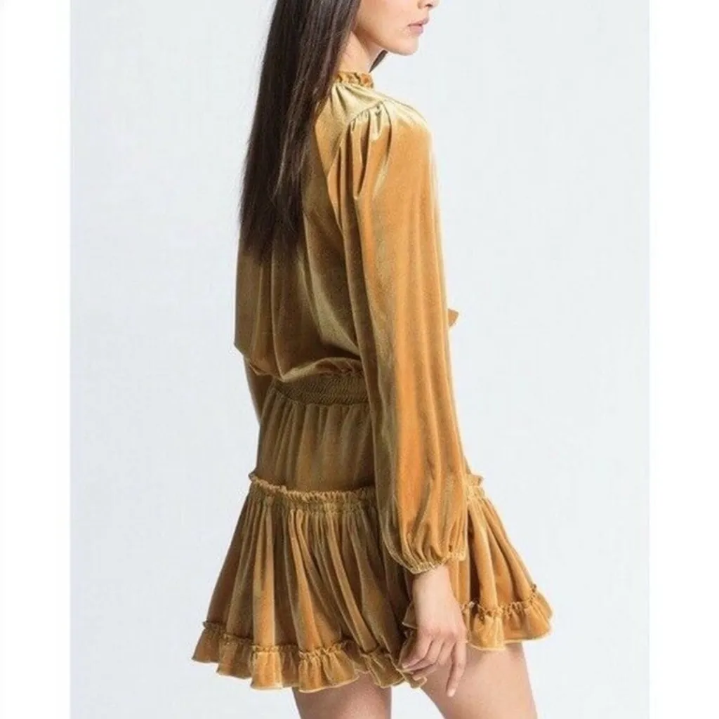Storia Golden Yellow Velvet Ruffle Boho Tassel Long Sleeve Mini Dress M - Image 11
