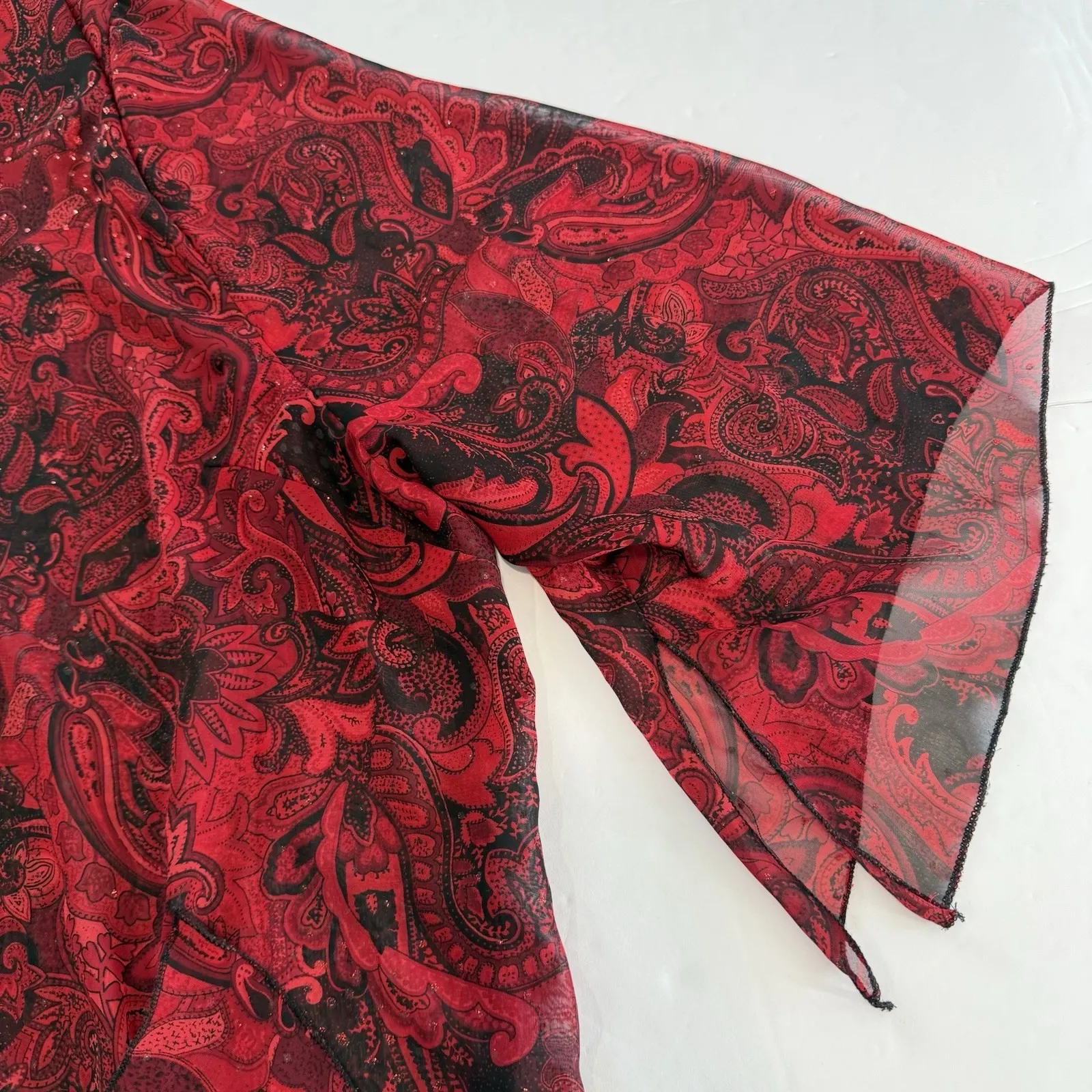 Maggie Barnes Red Black Paisley Glitter Sheer 3/4 Sleeve Button Blouse Size 5X - Image 5
