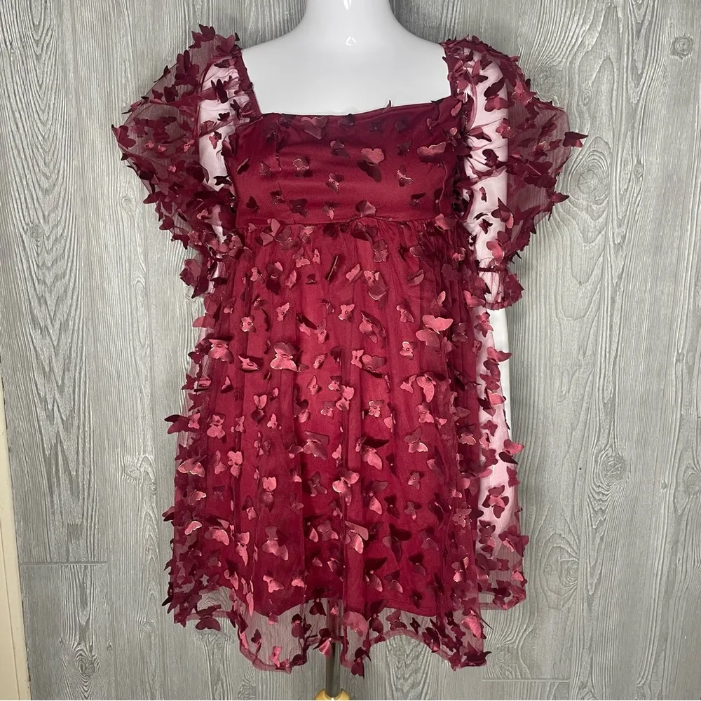 Thirty thirty Allison & Kelly Long Sleeve 3D Butterfly Mesh Mini Dress xs spring Red - Image 3