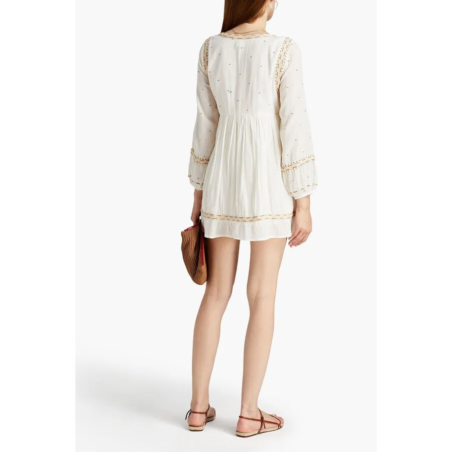 TIGERLILY Gathered‎ Embroidered Cotton-gauze Mini Dress Size 8 - Image 5