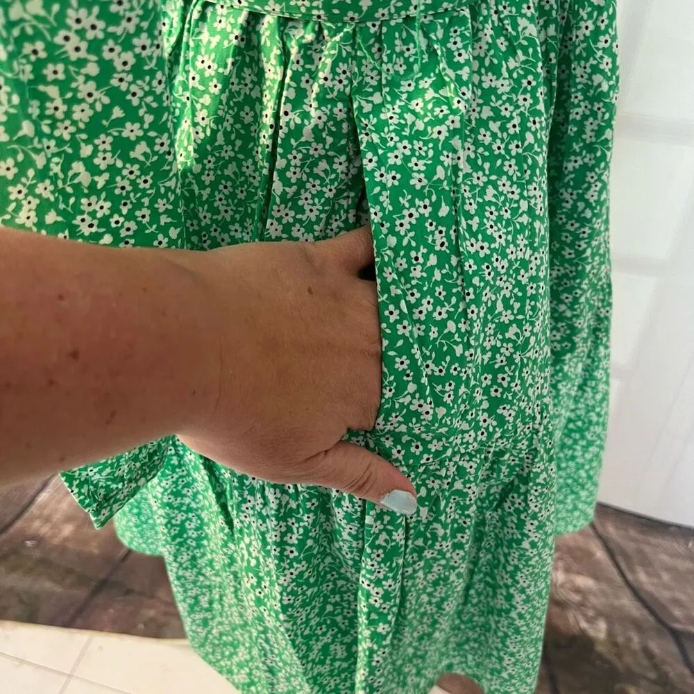 J crew long sleeve tie waist green floral cotton shirtdress size XS - Image 5